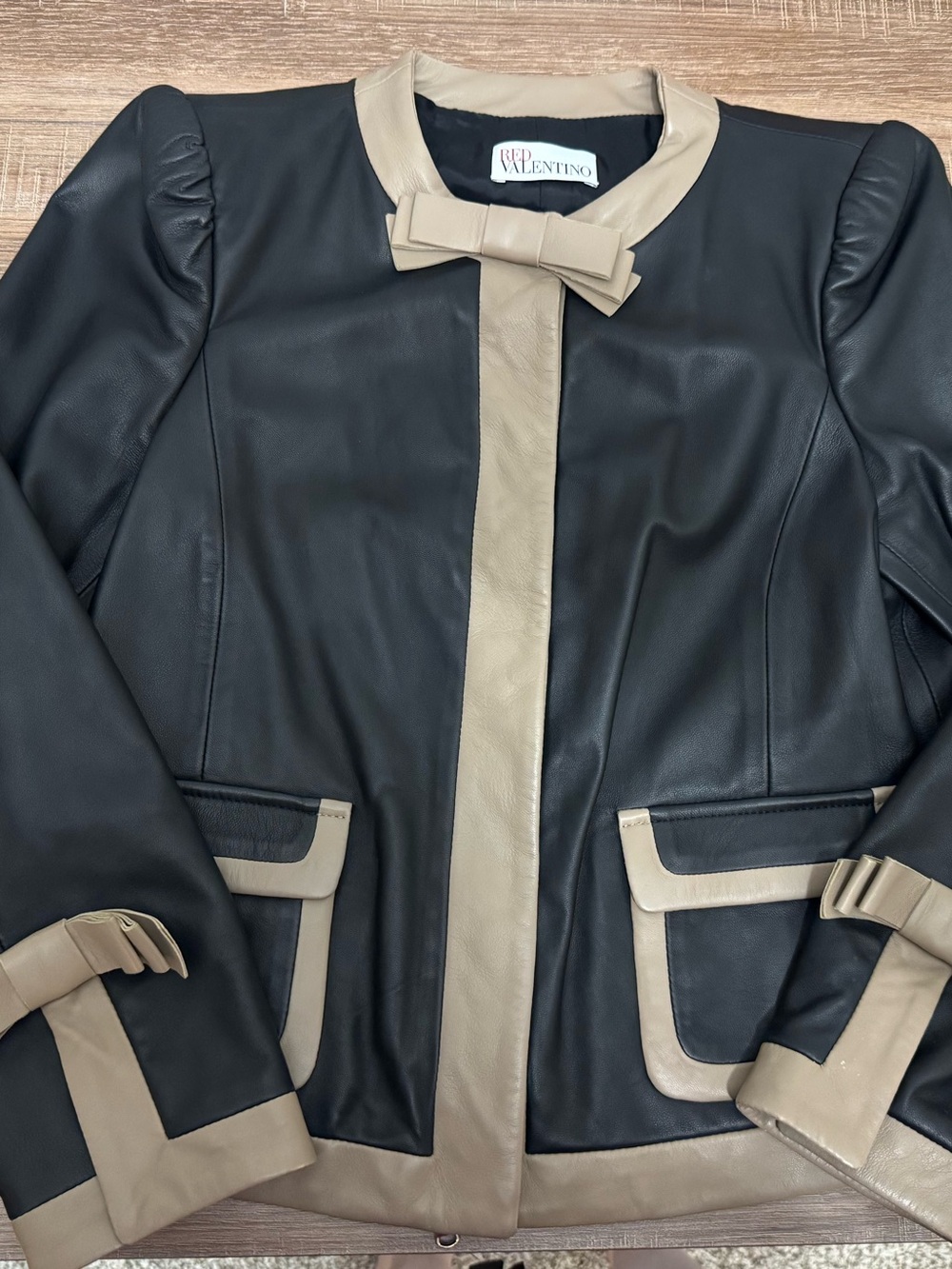RED Valentino Black & Nude Trim Leather Bow Jacket